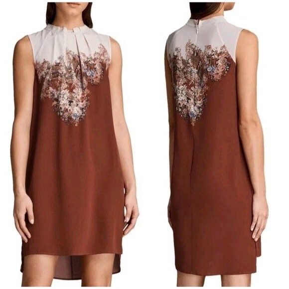 Allsaints Clement Shift Mini Dress 100% Silk Gauzy Floral Detail Women’s Sz L - Picture 1 of 8